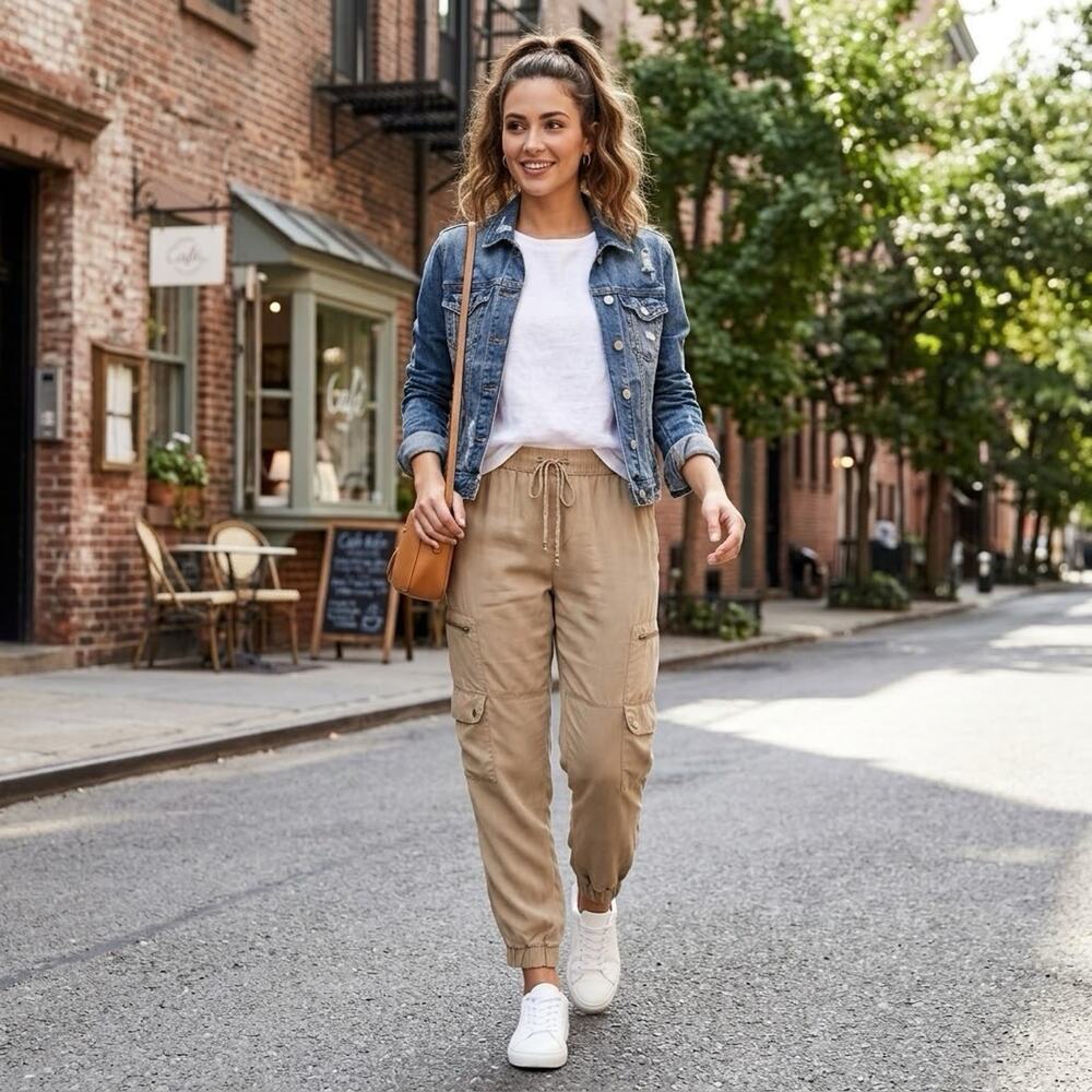 Banana Republic Petite L Beige Tencel Cargo Jogger Pants Elastic Waist Utility